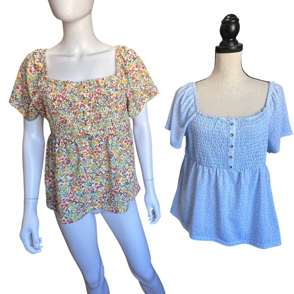 No Boundaries Smocked Square Neck Tops Floral & Light Blue Womens Size XL (2-pk) - Picture 1 of 9